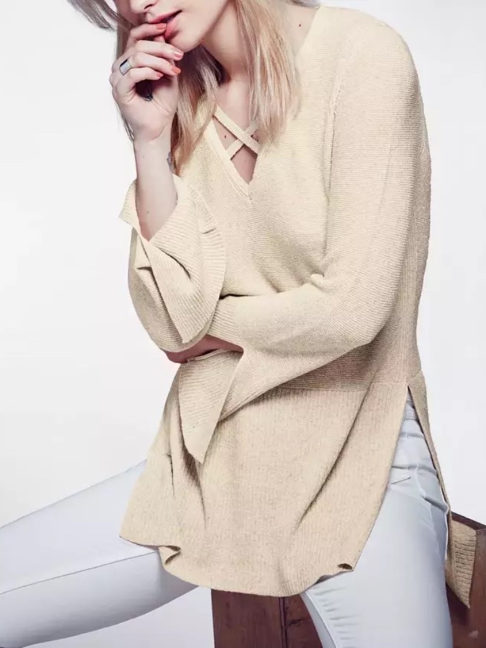 Free People Criss Cross Straps Side Split Long Sleeve Tunic Sweater Size S Ivory